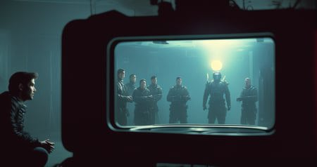 00049-3224348556-syberart Create a tense and dramatic screenshot of a group of people being interrogated by an alien species, set in the year 298.png